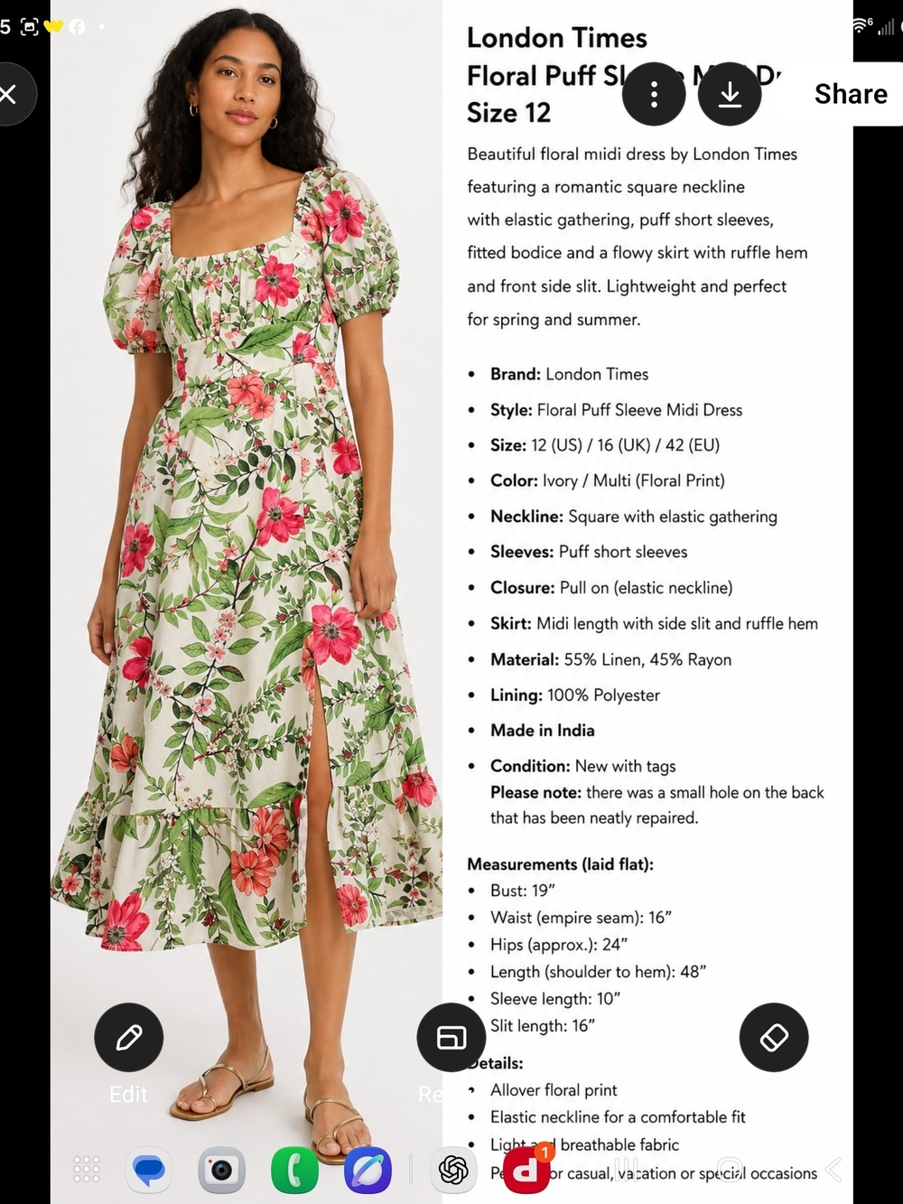 London Times Ivory Floral Midi Dress with Pink & Green Print